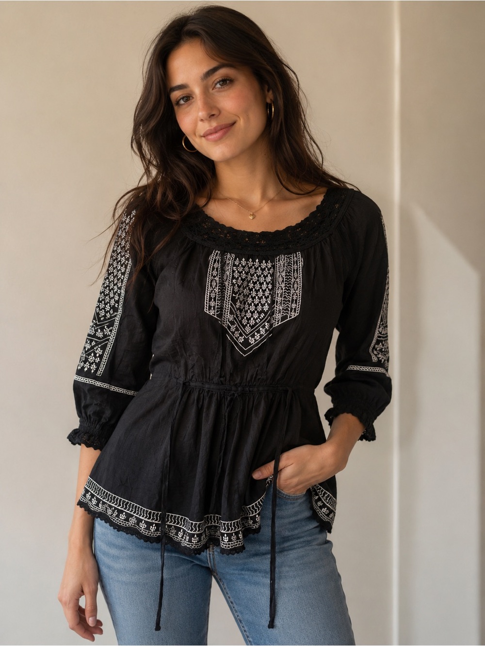 Embroidered Black Peasant Blouse with Lace Trim